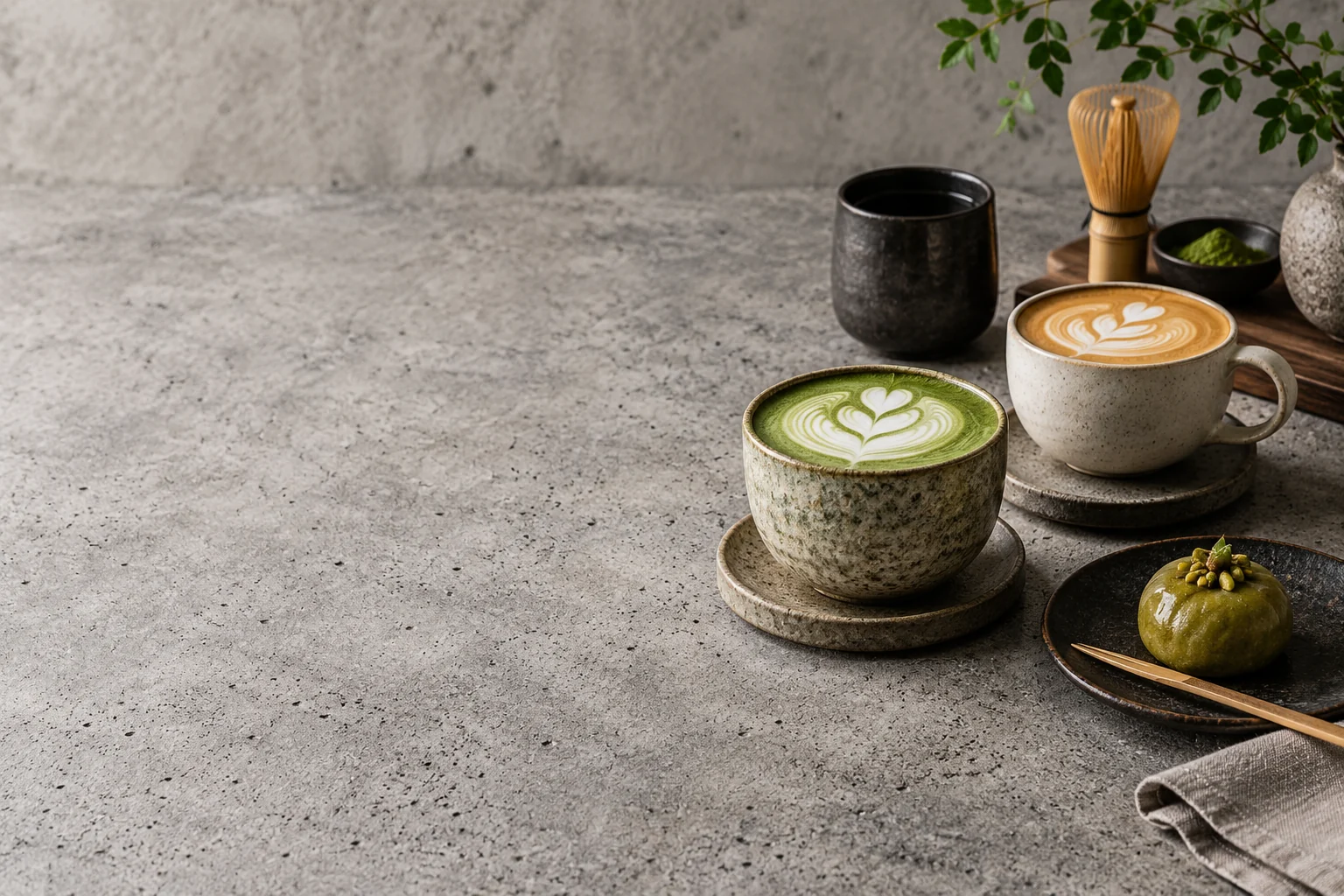 Illustrative KYO-inspired cafe still life with matcha, coffee and black ceramic cups on speckled concrete; not the merchant interior, staff or exact menu.